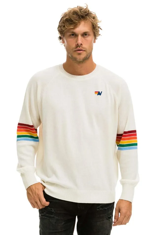 Men Sweatshirts Aviator Nation Rainbow Stripe Sleeve Unisex Cashmere Light Sweater 8211 Vintage White