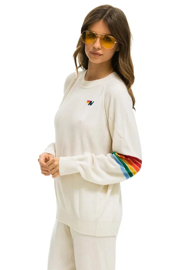 Men Sweatshirts Aviator Nation Rainbow Stripe Sleeve Unisex Cashmere Light Sweater 8211 Vintage White