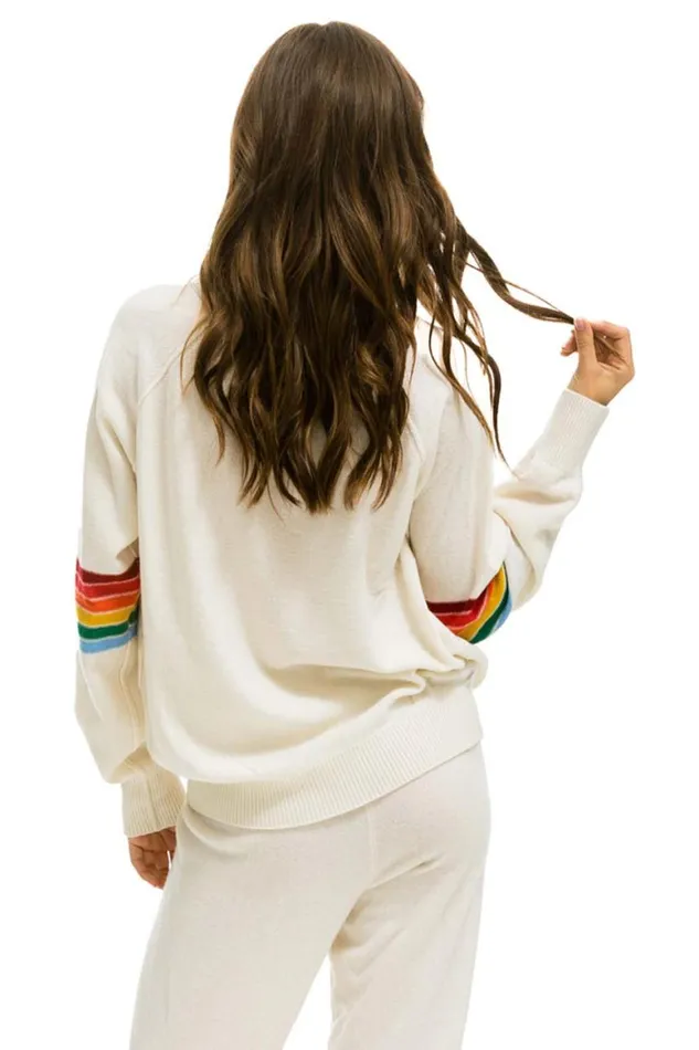 Men Sweatshirts Aviator Nation Rainbow Stripe Sleeve Unisex Cashmere Light Sweater 8211 Vintage White