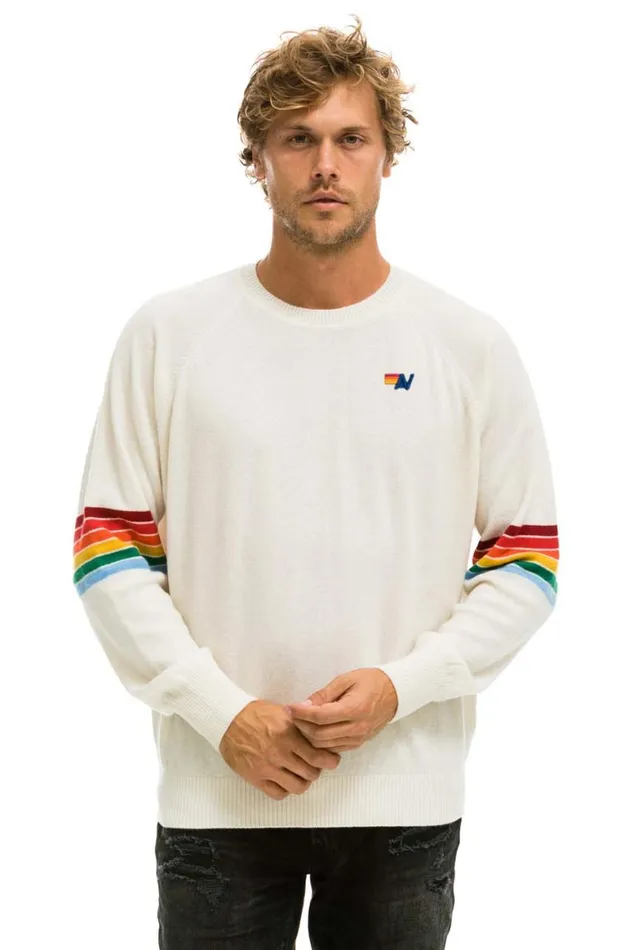 Men Sweatshirts Aviator Nation Rainbow Stripe Sleeve Unisex Cashmere Light Sweater 8211 Vintage White