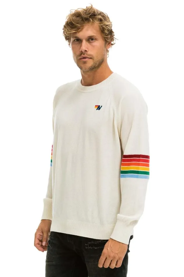 Men Sweatshirts Aviator Nation Rainbow Stripe Sleeve Unisex Cashmere Light Sweater 8211 Vintage White