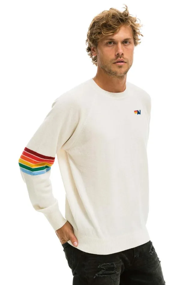 Men Sweatshirts Aviator Nation Rainbow Stripe Sleeve Unisex Cashmere Light Sweater 8211 Vintage White