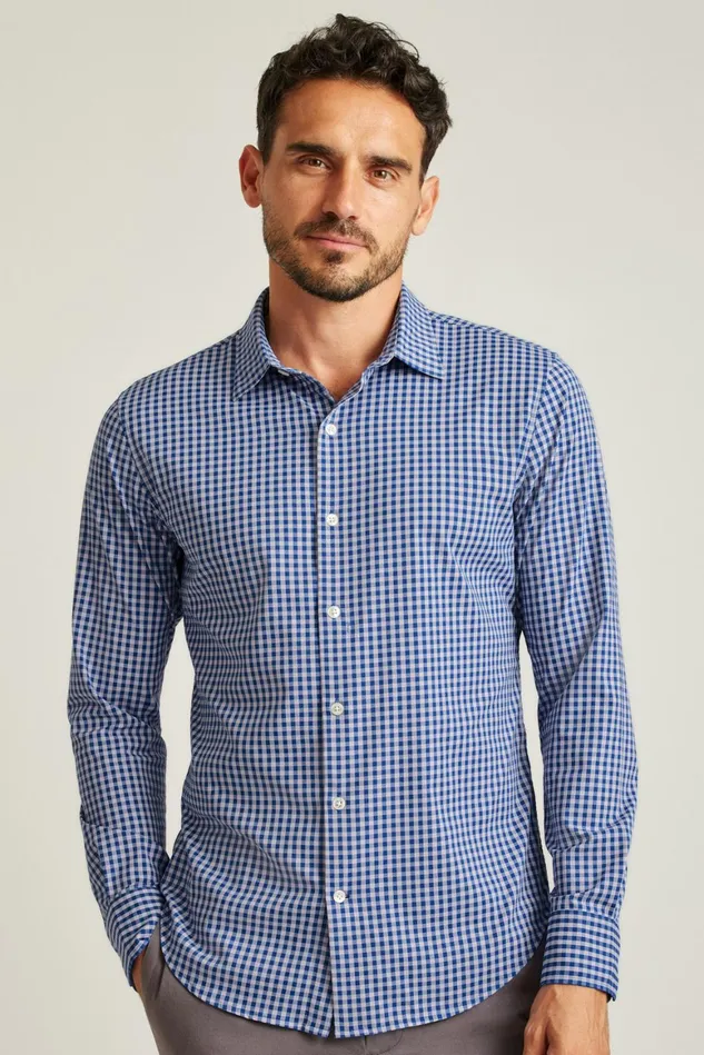 Men Tech Button Down Shirt Cornflower Blue Plaid Bonobos Casual Shirts