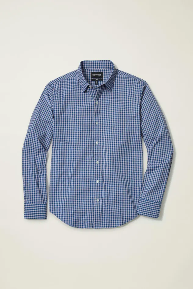 Men Tech Button Down Shirt Cornflower Blue Plaid Bonobos Casual Shirts