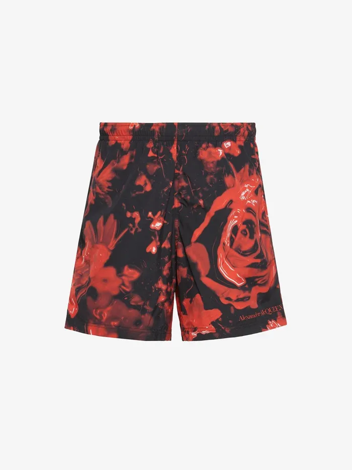 Men Trousers Alexander McQueen Wax Flower Swim Shorts Blackred