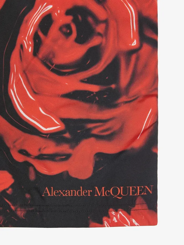 Men Trousers Alexander McQueen Wax Flower Swim Shorts Blackred
