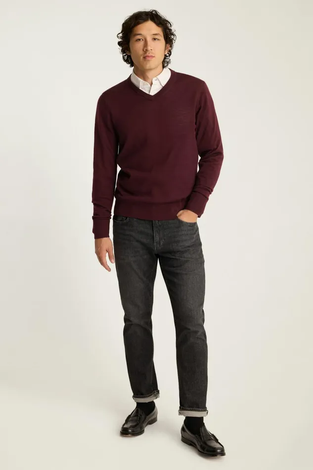 Men Washable Merino VNeck Sweater Maroon Bonobos Crew and VNeck Sweaters