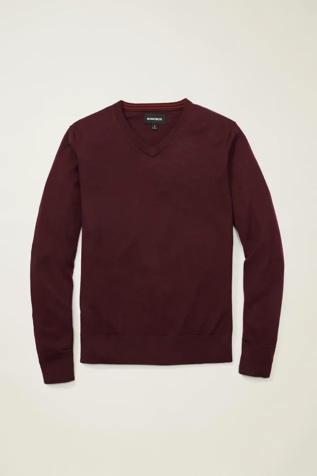 Men Washable Merino VNeck Sweater Maroon Bonobos Crew and VNeck Sweaters