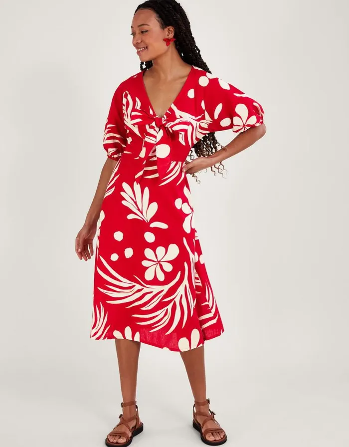 Monsoon Abstract Palm Print Tie Front Midi Dress Red Women Beachwear and Swimwear Monsoon Abstract Palm Print Tie Front Midi Dress Red Women Beachwear and Swimwear