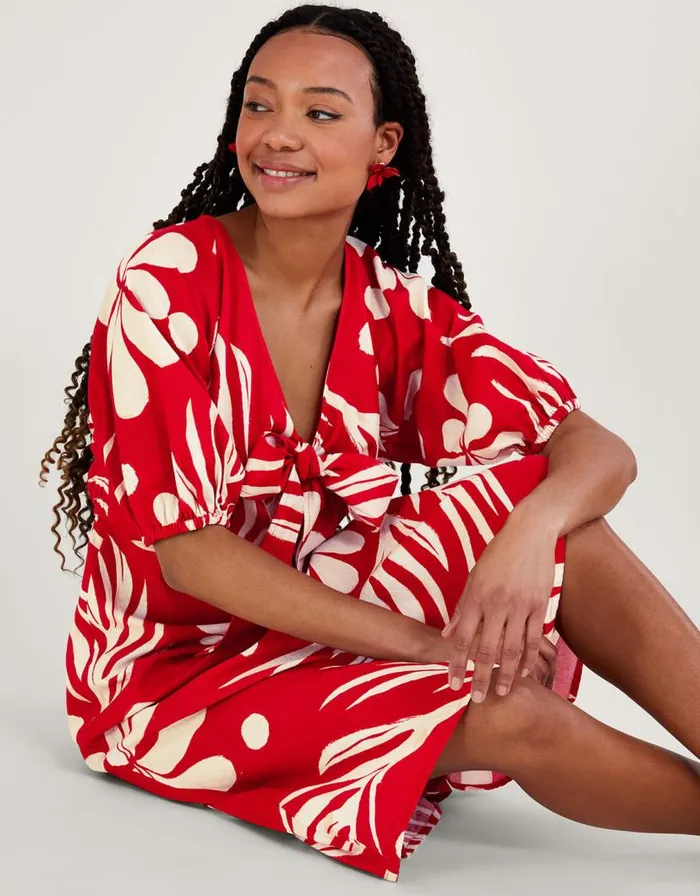 Monsoon Abstract Palm Print Tie Front Midi Dress Red Women Beachwear and Swimwear Monsoon Abstract Palm Print Tie Front Midi Dress Red Women Beachwear and Swimwear