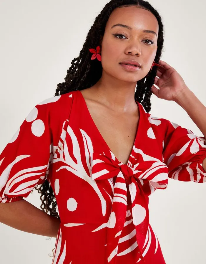 Monsoon Abstract Palm Print Tie Front Midi Dress Red Women Beachwear and Swimwear Monsoon Abstract Palm Print Tie Front Midi Dress Red Women Beachwear and Swimwear