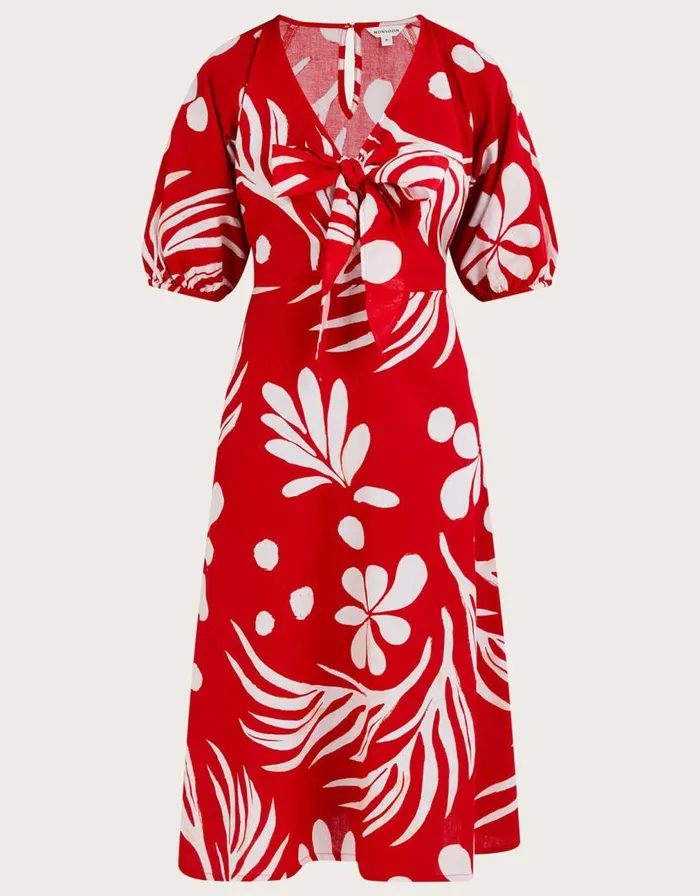Monsoon Abstract Palm Print Tie Front Midi Dress Red Women Beachwear and Swimwear Monsoon Abstract Palm Print Tie Front Midi Dress Red Women Beachwear and Swimwear