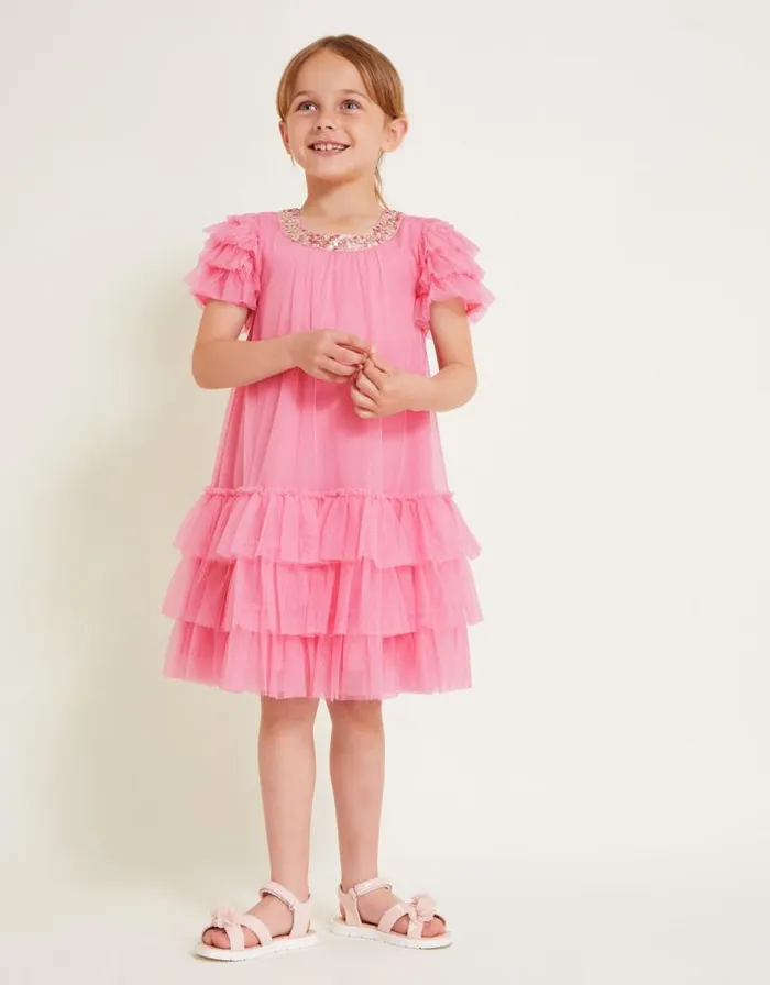 Monsoon Alexandra Ruffle Swing Dress Pink Children Dresses