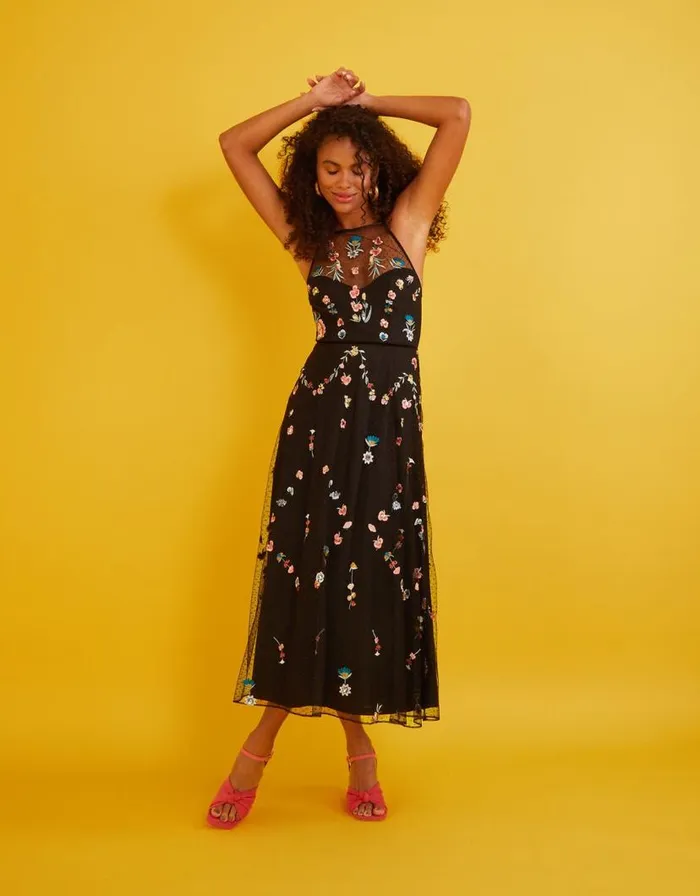 Monsoon Allison Embroidered Midi Dress Black Women Occasionwear