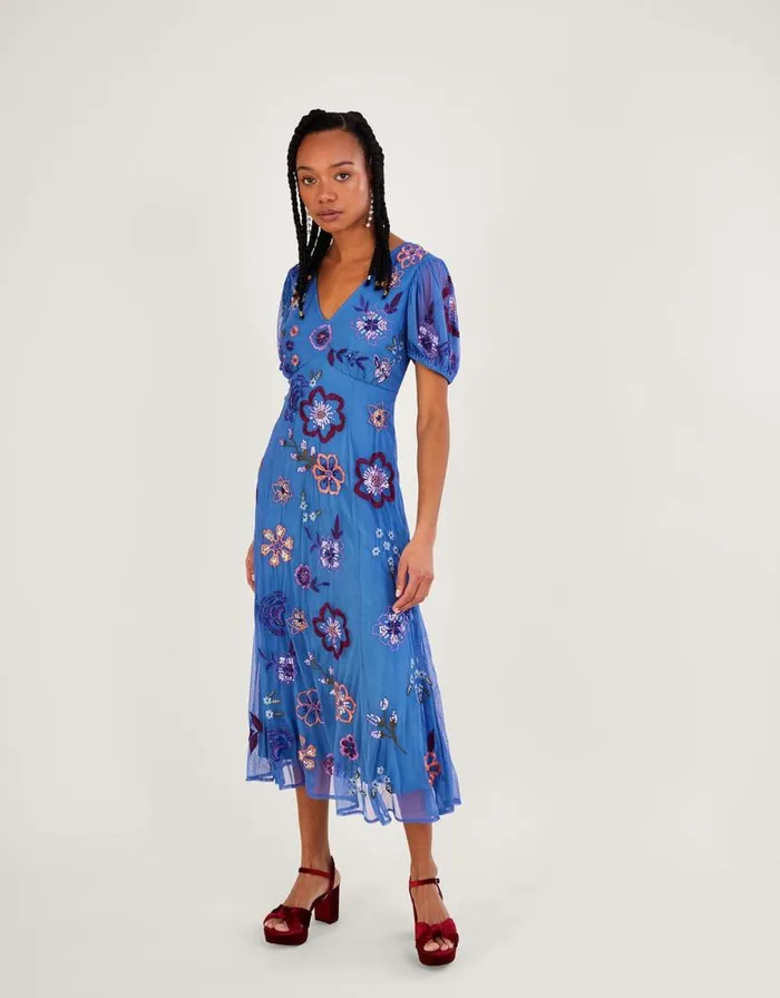 Monsoon Annie Embroidered Midi Dress Blue Women Embroidered Dresses