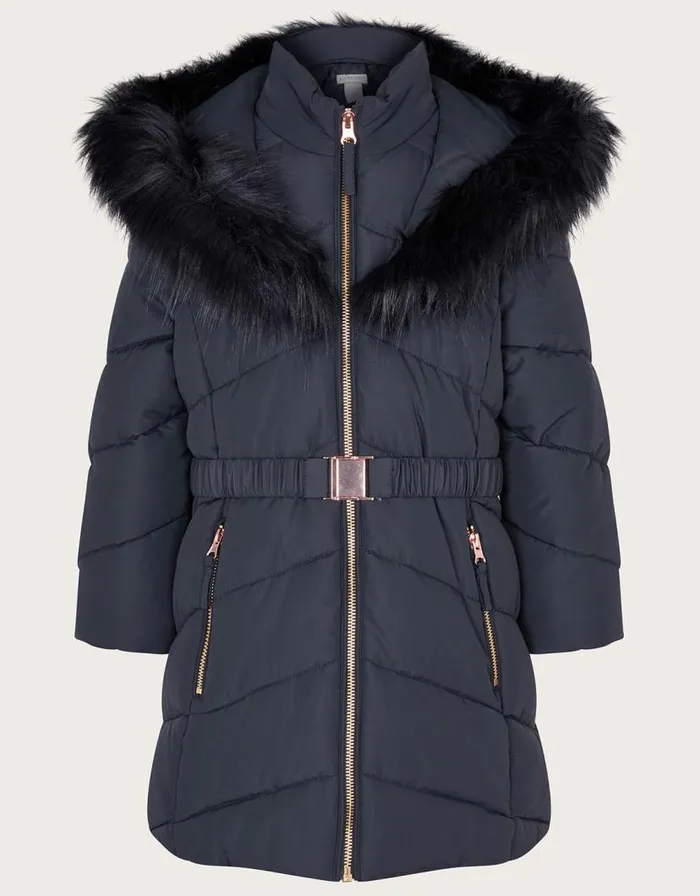 Monsoon Belted Faux Fur Hooded Coat Blue Children Coats and Jackets Monsoon Belted Faux Fur Hooded Coat Blue Children Coats and Jackets