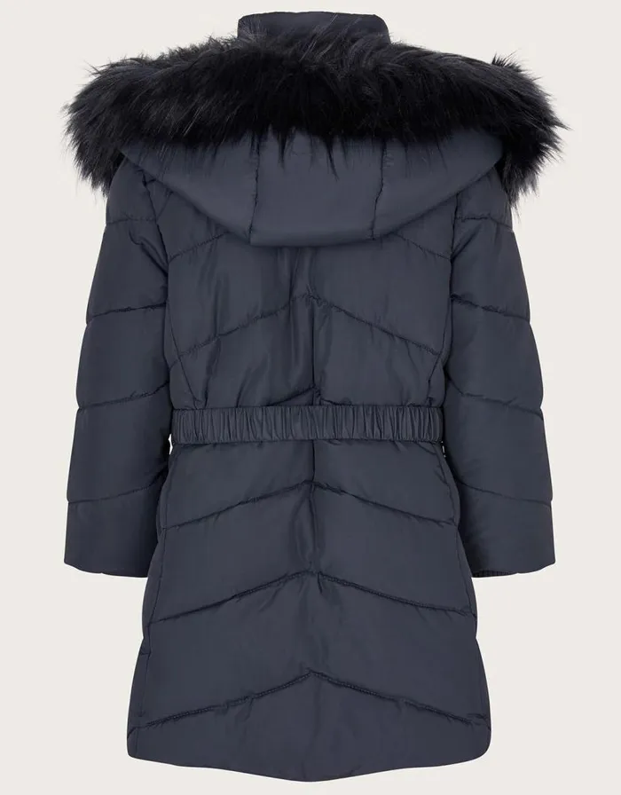 Monsoon Belted Faux Fur Hooded Coat Blue Children Coats and Jackets Monsoon Belted Faux Fur Hooded Coat Blue Children Coats and Jackets