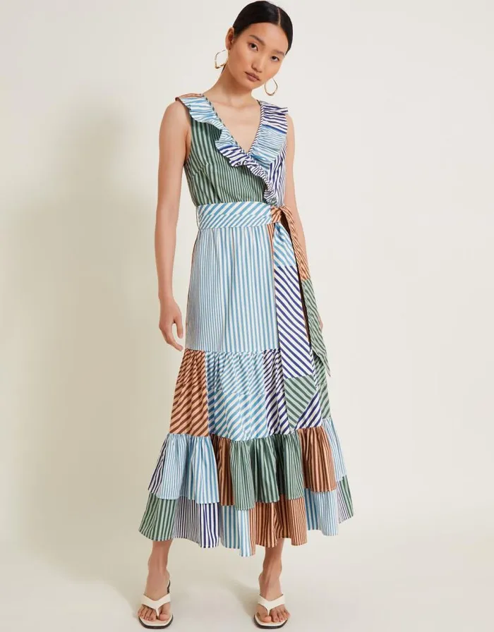 Monsoon Carrie Stripe Ruffle Dress Blue Women Casualwear