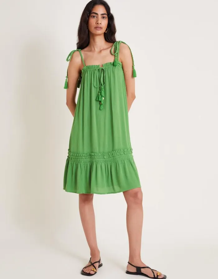 Monsoon Cassie Tie Strap Frill Mini Dress Green Women Beachwear and Swimwear