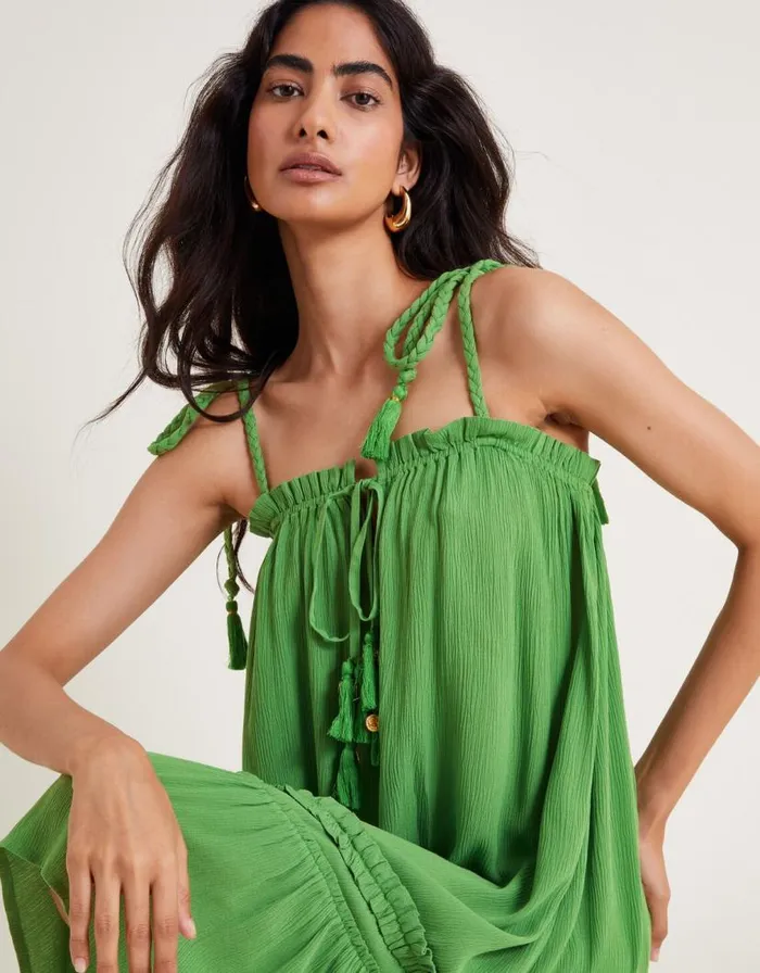 Monsoon Cassie Tie Strap Frill Mini Dress Green Women Beachwear and Swimwear