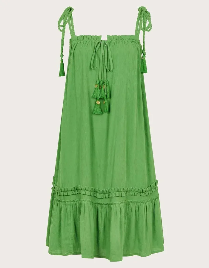 Monsoon Cassie Tie Strap Frill Mini Dress Green Women Beachwear and Swimwear