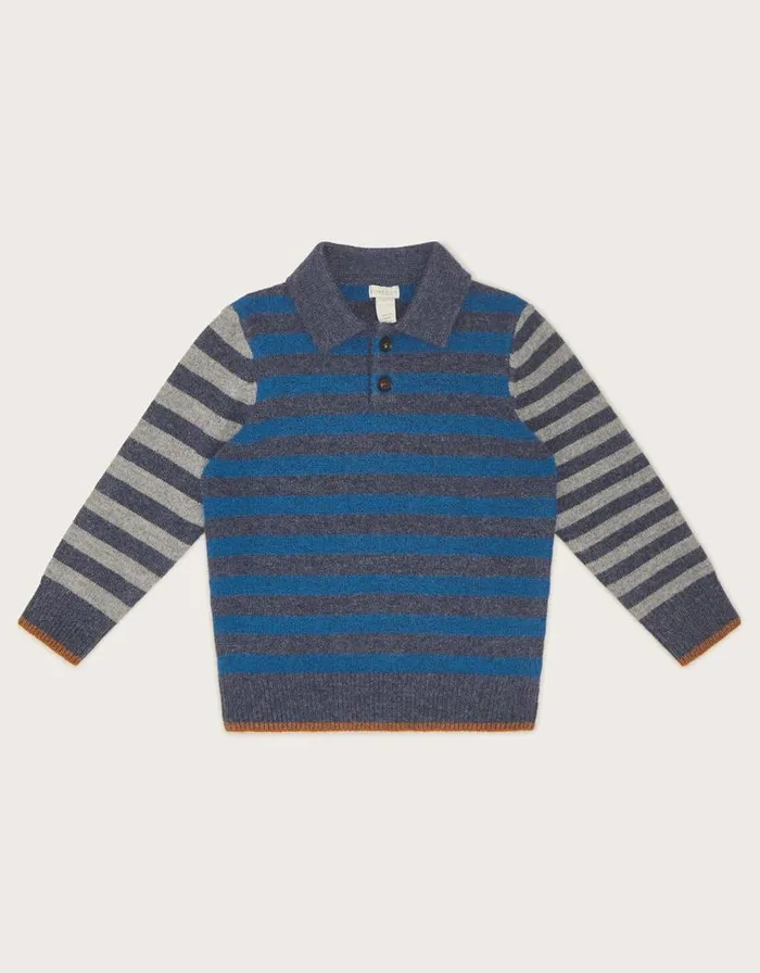 Monsoon Contrast Stripe Collar Jumper Blue Children Knitwear Jumpers and Hoodies