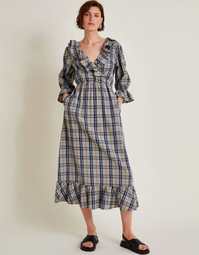 Monsoon Daisy Check VNeck Midi Dress Natural Women Casualwear