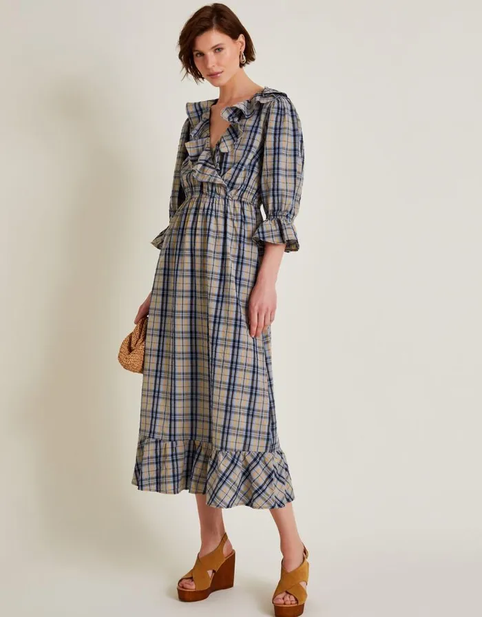Monsoon Daisy Check VNeck Midi Dress Natural Women Casualwear