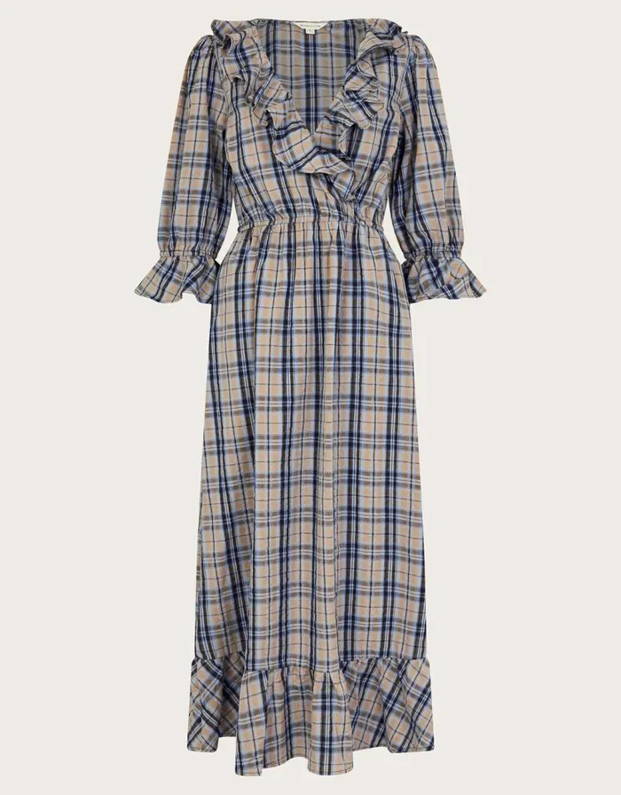 Monsoon Daisy Check VNeck Midi Dress Natural Women Casualwear