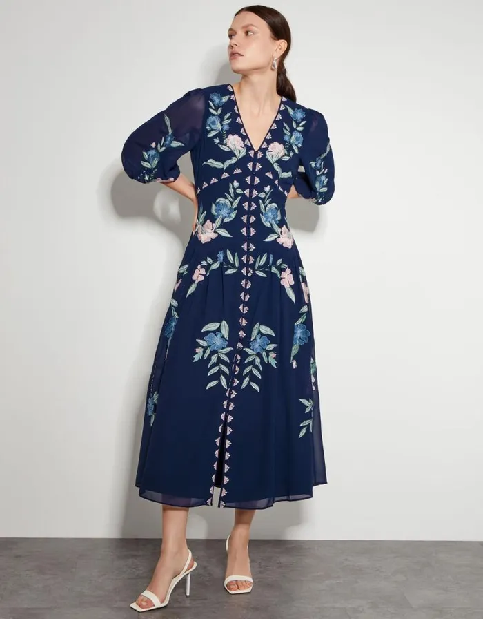 Monsoon Delilah Embroidered Midi Dress Blue Women Occasionwear