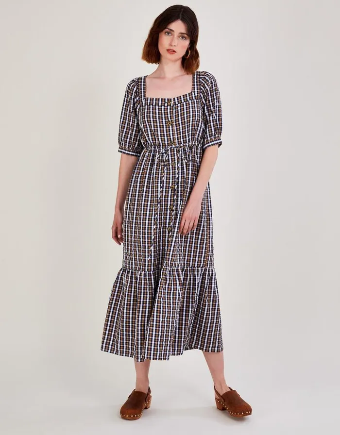Monsoon Dolly Check Dress In Sustainable Cotton Blue Women Casualwear