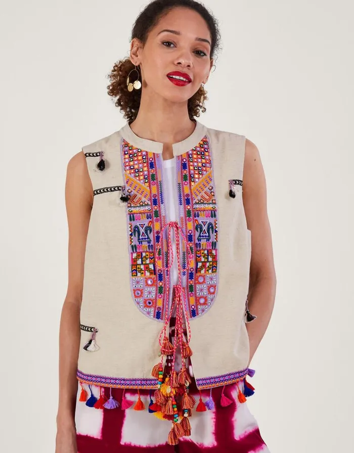 Monsoon Embroidered Statement Tassel Waistcoat Women Casualwear