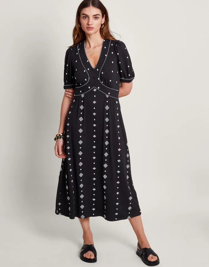 Monsoon Ethel Embroidered Jersey Dress Black Women Midi Dresses