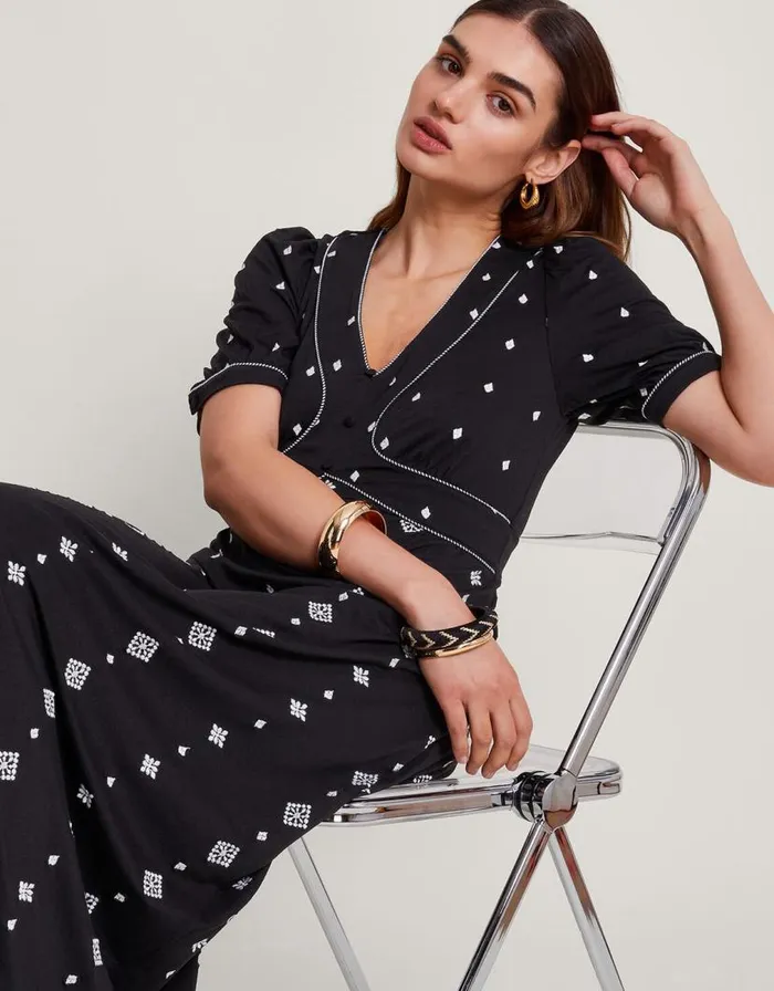 Monsoon Ethel Embroidered Jersey Dress Black Women Midi Dresses Monsoon Ethel Embroidered Jersey Dress Black Women Midi Dresses