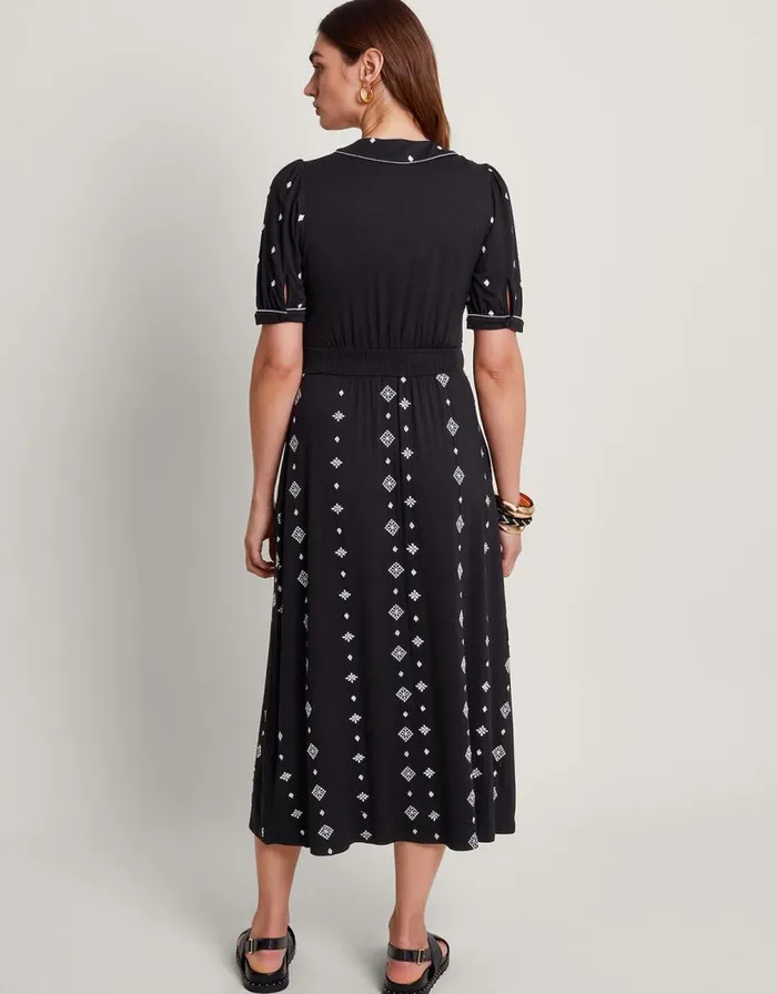 Monsoon Ethel Embroidered Jersey Dress Black Women Midi Dresses Monsoon Ethel Embroidered Jersey Dress Black Women Midi Dresses