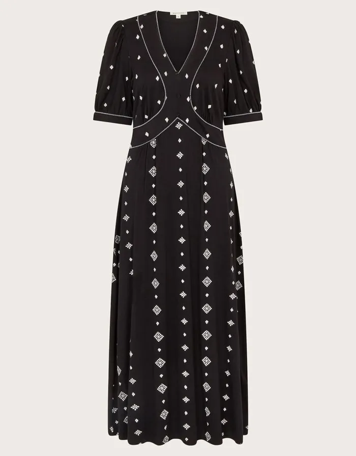 Monsoon Ethel Embroidered Jersey Dress Black Women Midi Dresses Monsoon Ethel Embroidered Jersey Dress Black Women Midi Dresses