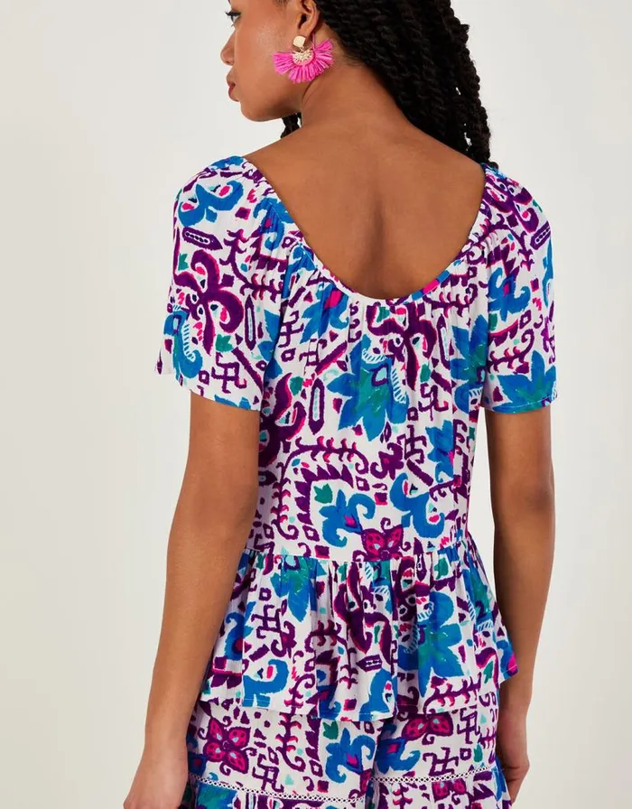 Monsoon Fire Flower Ikat Print Short Sleeve Top In LENZING ECOVERO Blue Women Tops and Blouses Monsoon Fire Flower Ikat Print Short Sleeve Top In LENZING ECOVERO Blue Women Tops and Blouses