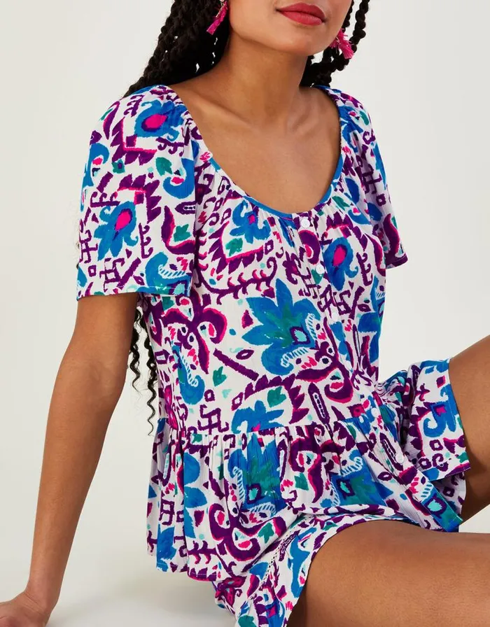 Monsoon Fire Flower Ikat Print Short Sleeve Top In LENZING ECOVERO Blue Women Tops and Blouses Monsoon Fire Flower Ikat Print Short Sleeve Top In LENZING ECOVERO Blue Women Tops and Blouses