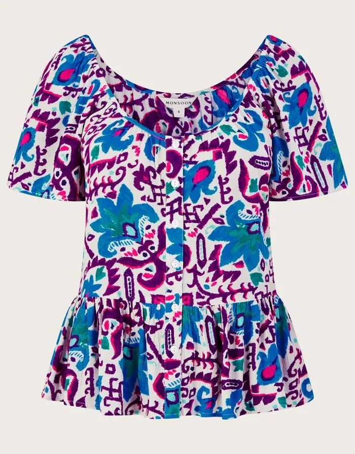Monsoon Fire Flower Ikat Print Short Sleeve Top In LENZING ECOVERO Blue Women Tops and Blouses Monsoon Fire Flower Ikat Print Short Sleeve Top In LENZING ECOVERO Blue Women Tops and Blouses