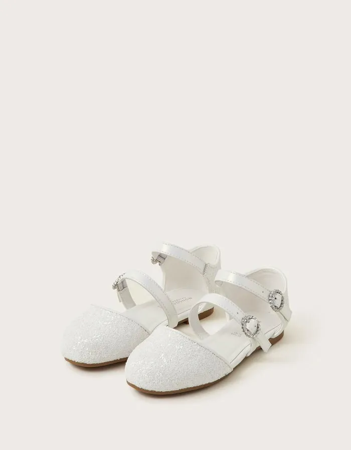 Monsoon Glittery Two Strap Ballet Flats Ivory Children Partywear