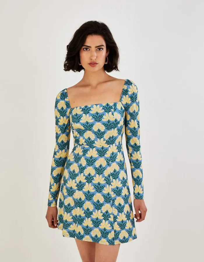 Monsoon Heritage Floral Square Neck Jersey Dress Blue Women Jersey Dresses