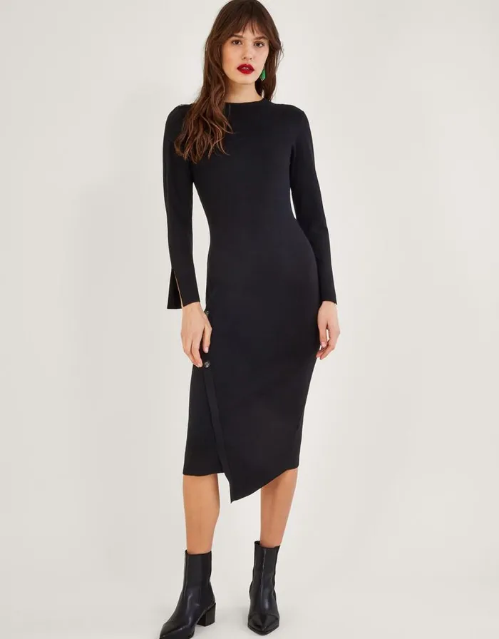 Monsoon High Neck Button Detail Dress With LENZING ECOVERO Black Women Knitwear