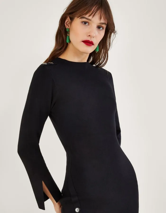 Monsoon High Neck Button Detail Dress With LENZING ECOVERO Black Women Knitwear Monsoon High Neck Button Detail Dress With LENZING ECOVERO Black Women Knitwear
