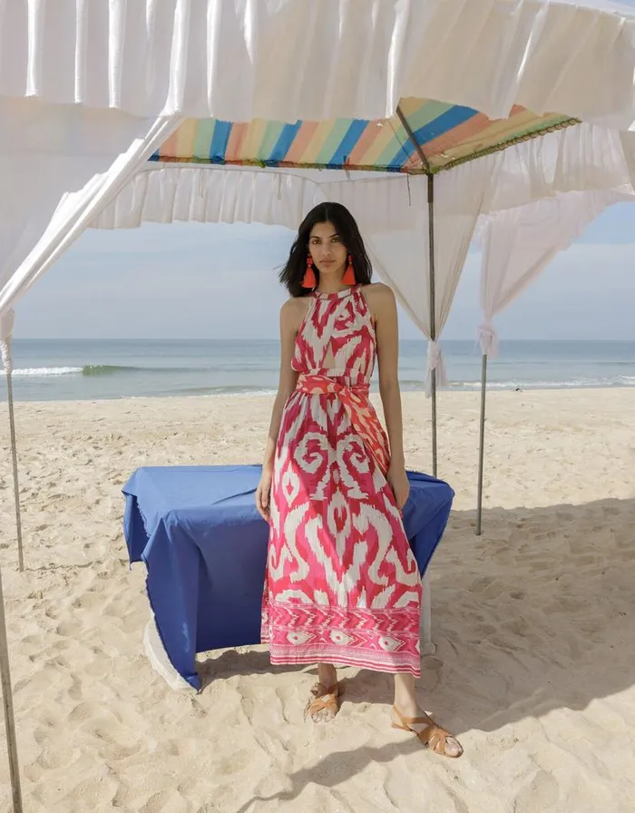 Monsoon Ikat Border Print Maxi Dress Pink Women Beachwear and Swimwear