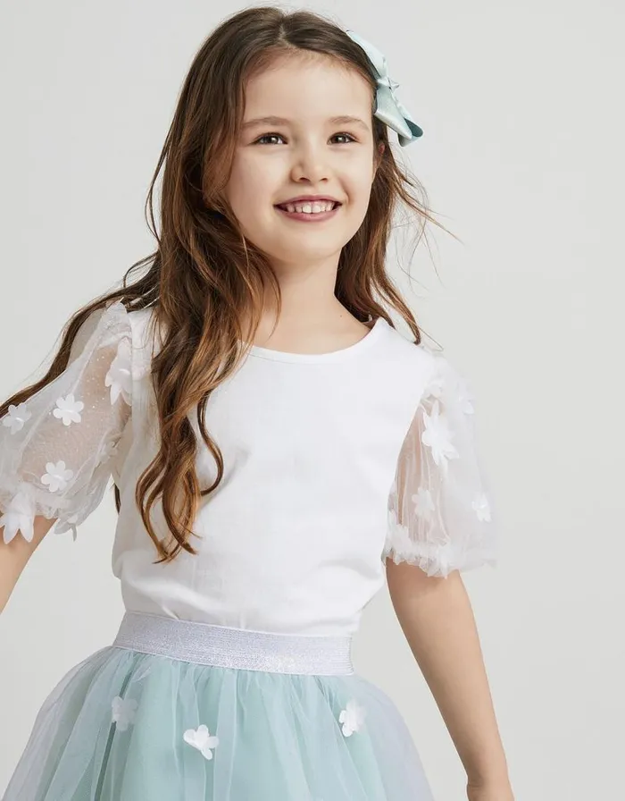 Monsoon Layla Tulle Sleeve 3D Floral Top Ivory Children Partywear