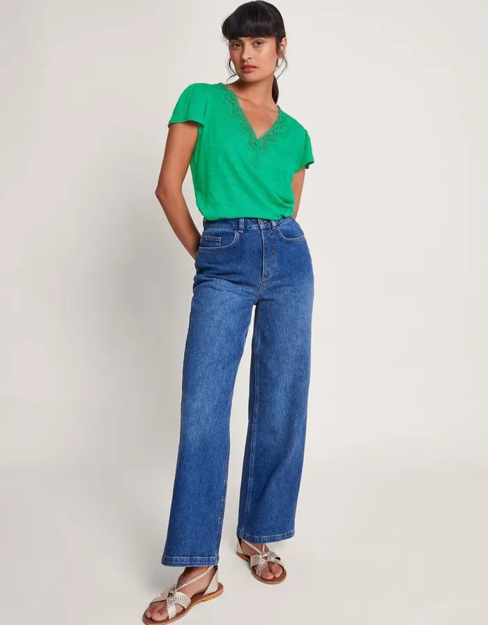 Monsoon Lisa Lace Linen TShirt Green Women Tops and Blouses