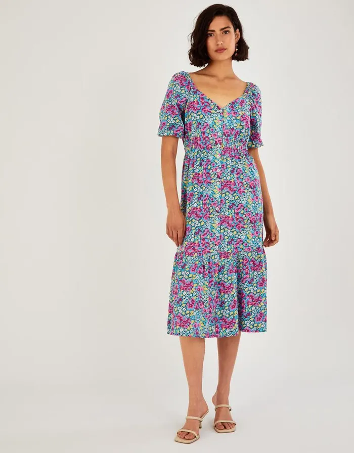 Monsoon Lottie Floral Jersey Midi Dress In Sustainable Cotton Blue Women Day Dresses