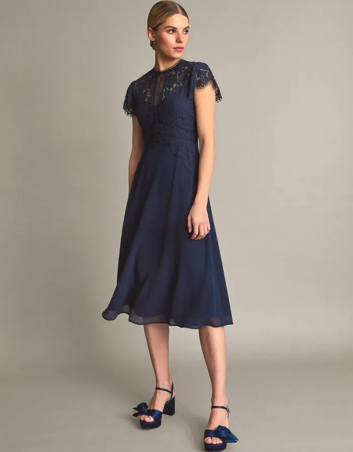 Monsoon Louise Lace Midi Dress Blue Women Occasionwear