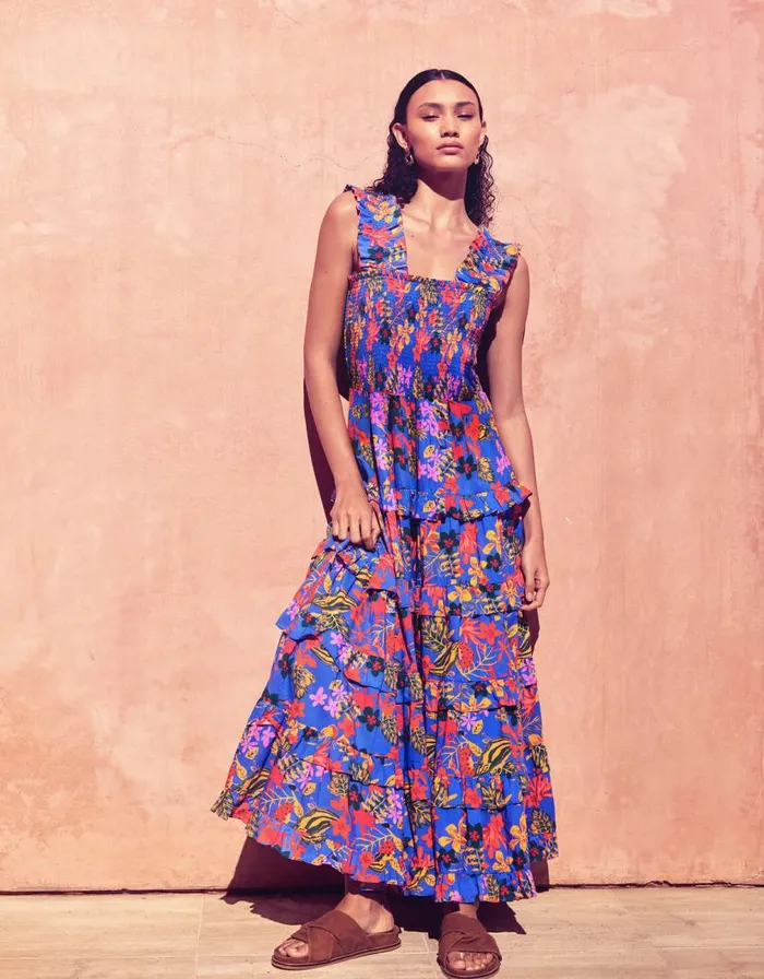 Monsoon Miley Floral Smocked Ruffle Maxi Dress Blue Women Casualwear