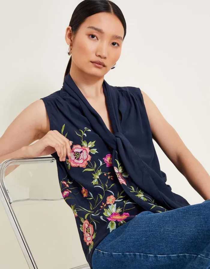 Monsoon Mya Embroidered Top Blue Women Tops and Blouses